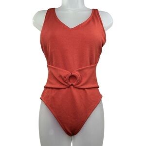 NWT Ellen Tracy Women Swimsuit Size 12 Earthly Red Lightly Padded, O Ring Belted